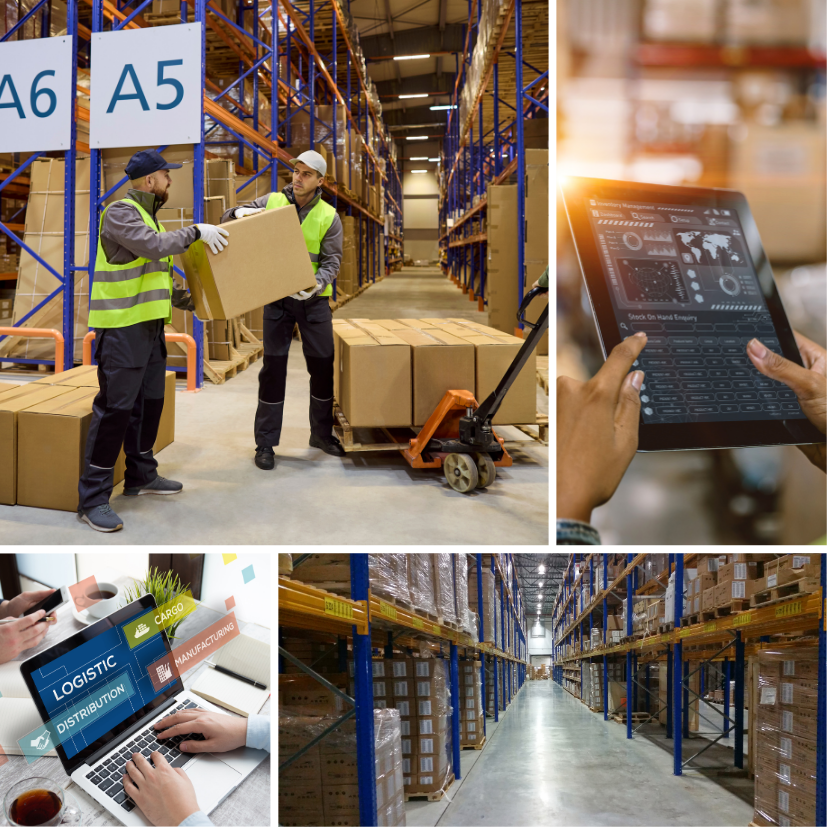 Collages de imágenes sobre logística y gestión de almacenes que muestra a operarios moviendo cajas, estanterías industriales altas, una persona usando una tableta con gráficos de inventario y otra trabajando en una laptop con software de distribución